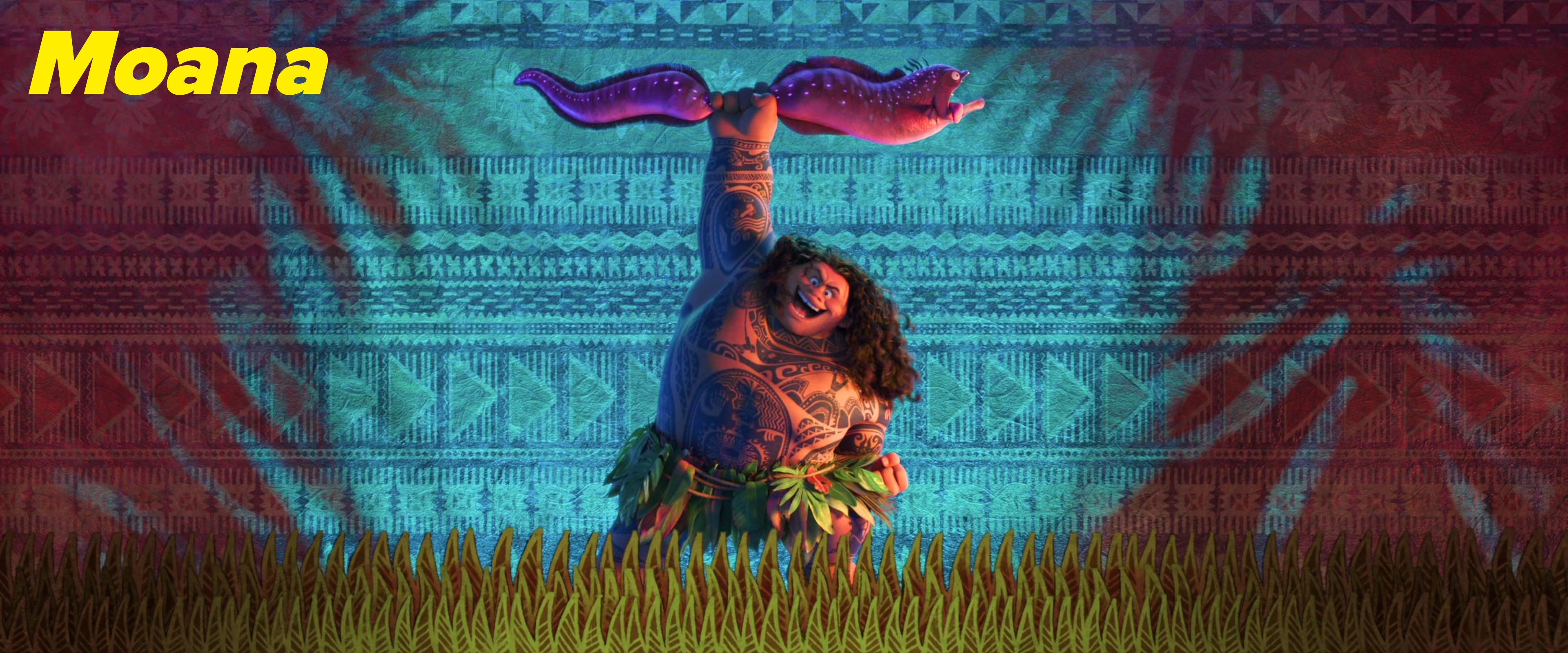 Maui, from Disney's "Moana," stands victoriously holding a purple eel overhead amidst a background of tribal patterns