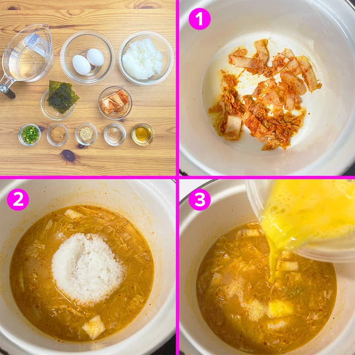 鍋にキムチご飯を調理する3つの手順。1:鍋にキムチを入れる。2:ご飯を追加。3:卵を注ぐ。