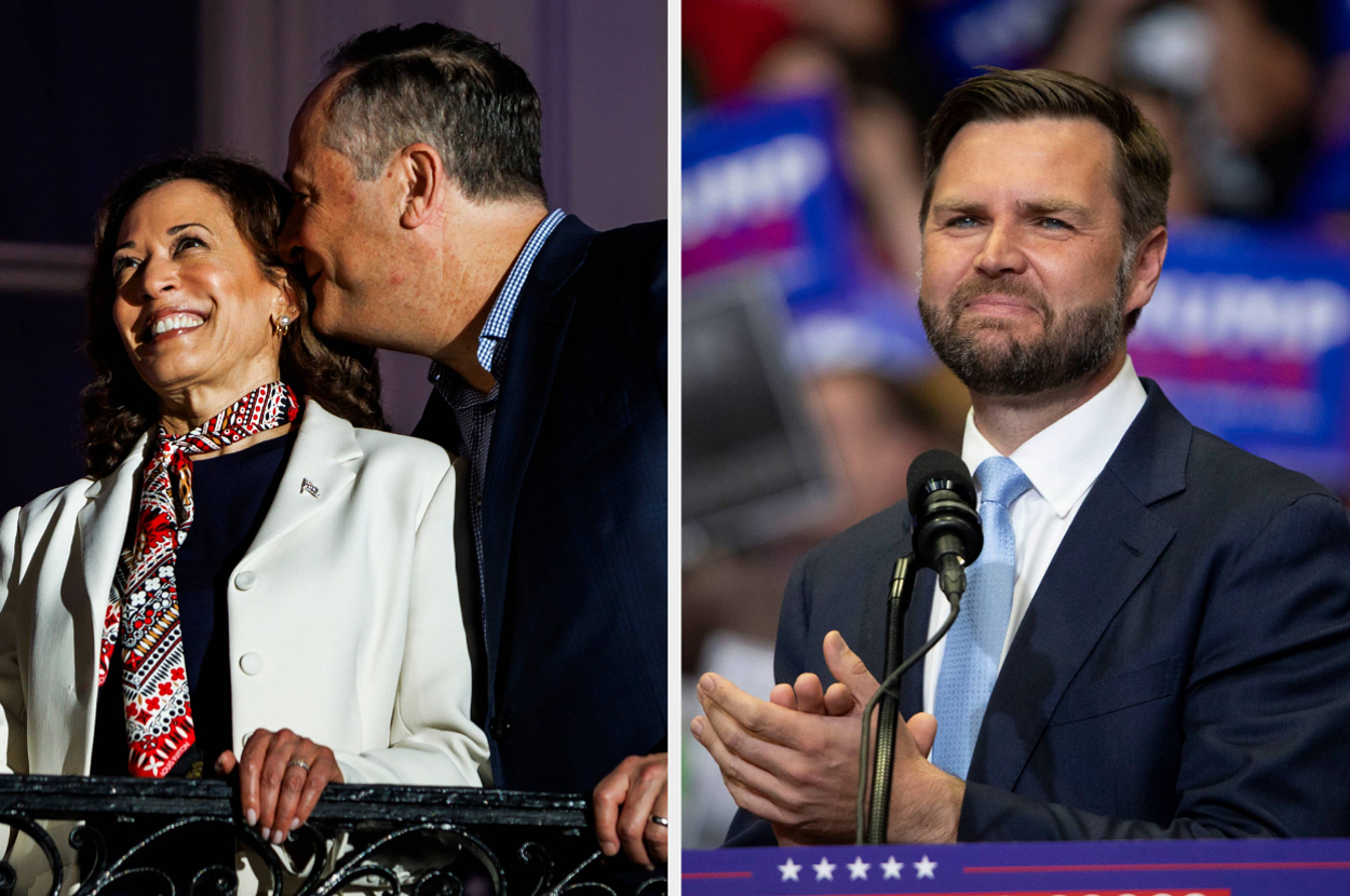 Kamala Harris smiles as Doug Emhoff whispers to her in a white jacket. J.D. Vance speaks at a rally with signs in the background
