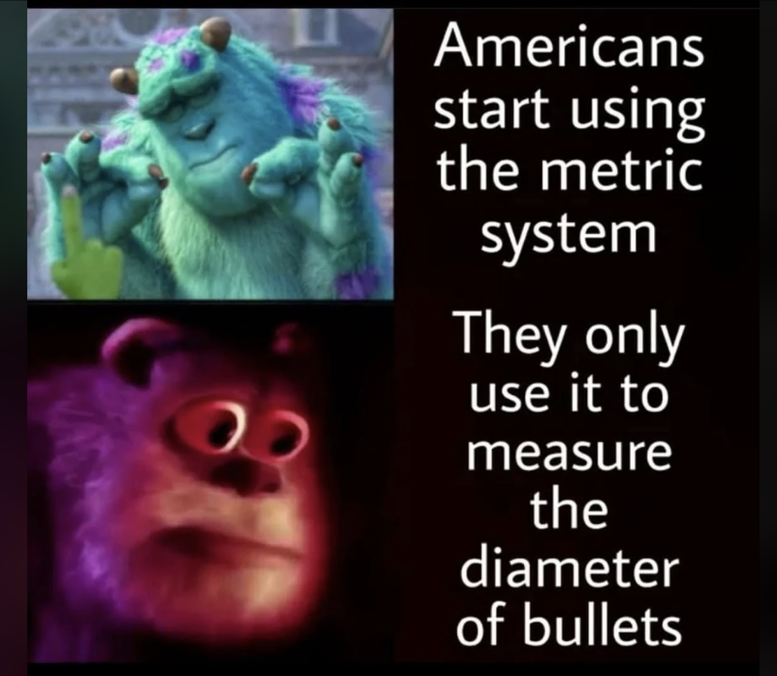 Top image of Sulley from Monsters, Inc., smiling and gesturing; bottom image of Sulley looking shocked. Text reads: "Americans start using the metric system. They only use it to measure the diameter of bullets."