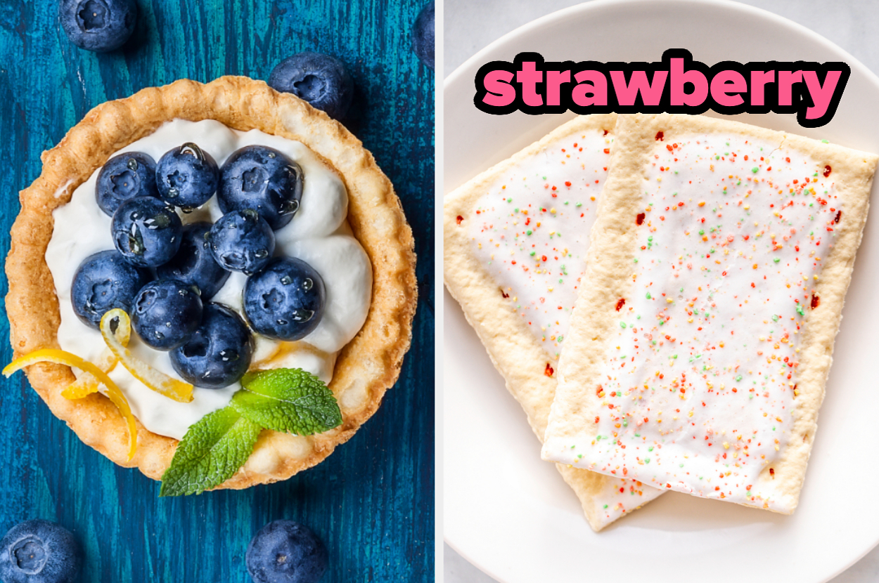On the left, a blueberry tart with whipped cream garnished with blueberries and a mint leaf, and on the right, two frosted Pop-Tarts labeled strawberry