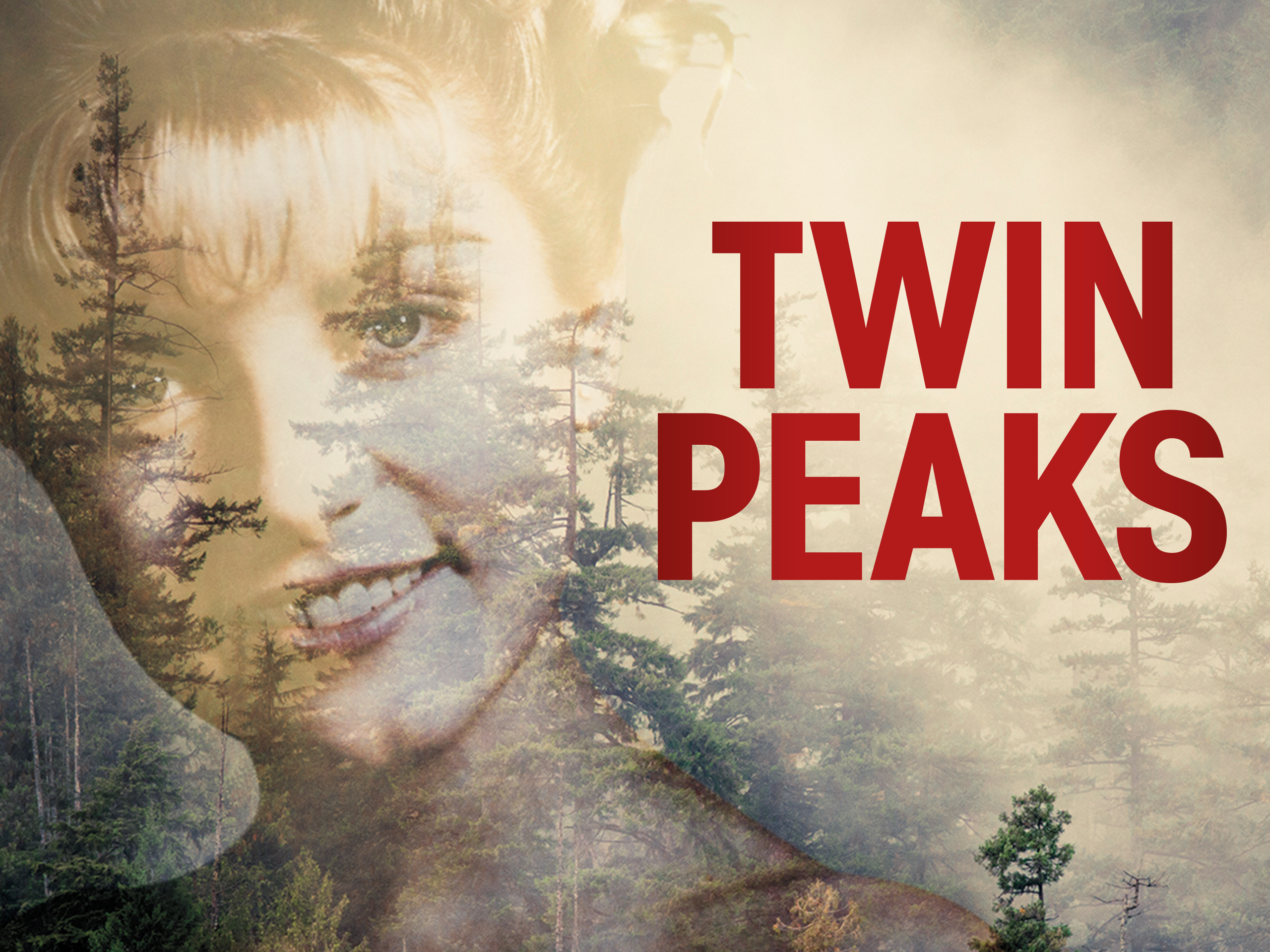 「Twin Peaks」のポスター。女性の笑顔と針葉樹林が重なって描かれている。