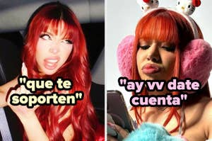 Dos imágenes emparejadas de una persona con orejeras rosadas de Hello Kitty. La primera imagen tiene el texto "que te soporten" y la segunda "ay vv date cuenta"