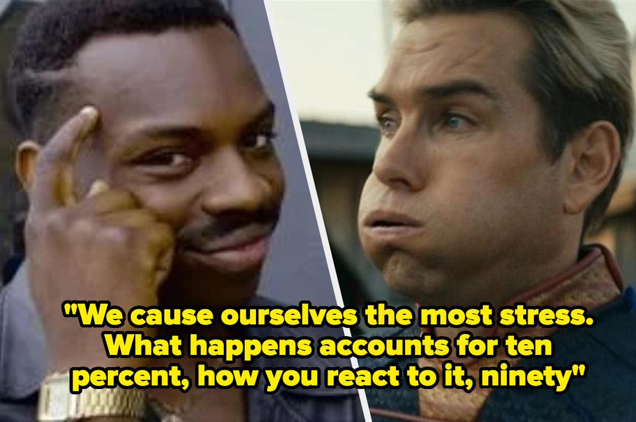 On the left, a man points to his temple with a thoughtful expression. On the right, a man puffs his cheeks, looking worried. Text: "We cause ourselves the most stress..."