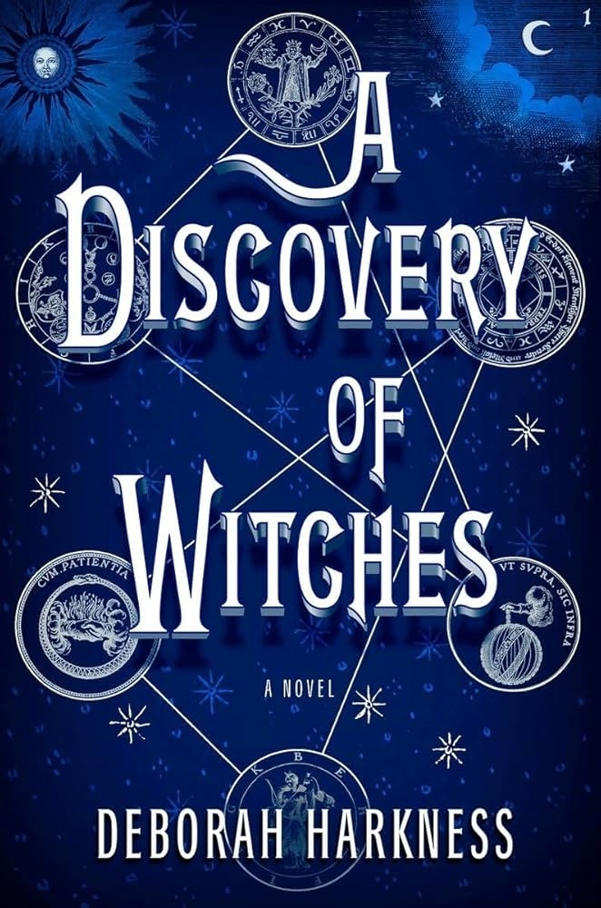 Cover of the book "A Discovery of Witches" by Deborah Harkness, featuring mystical symbols and ornate illustrations