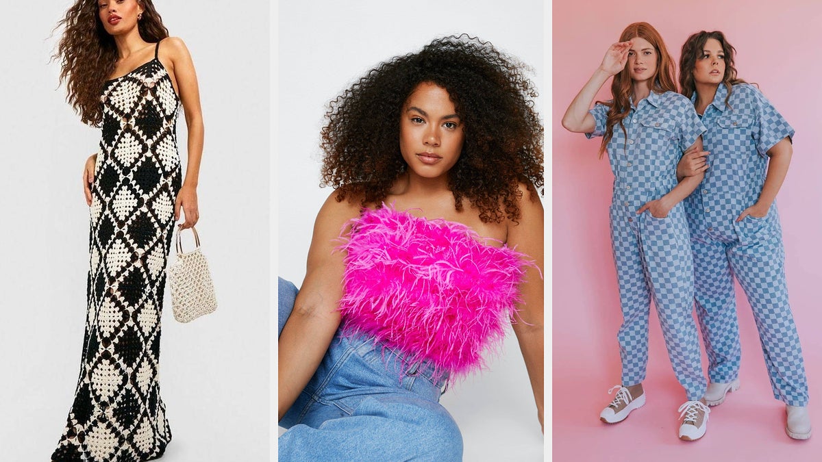 Three models showcase trendy clothing: a checkered maxi dress with a woven bag, a pink feathered top with jeans, and matching blue checkered outfits