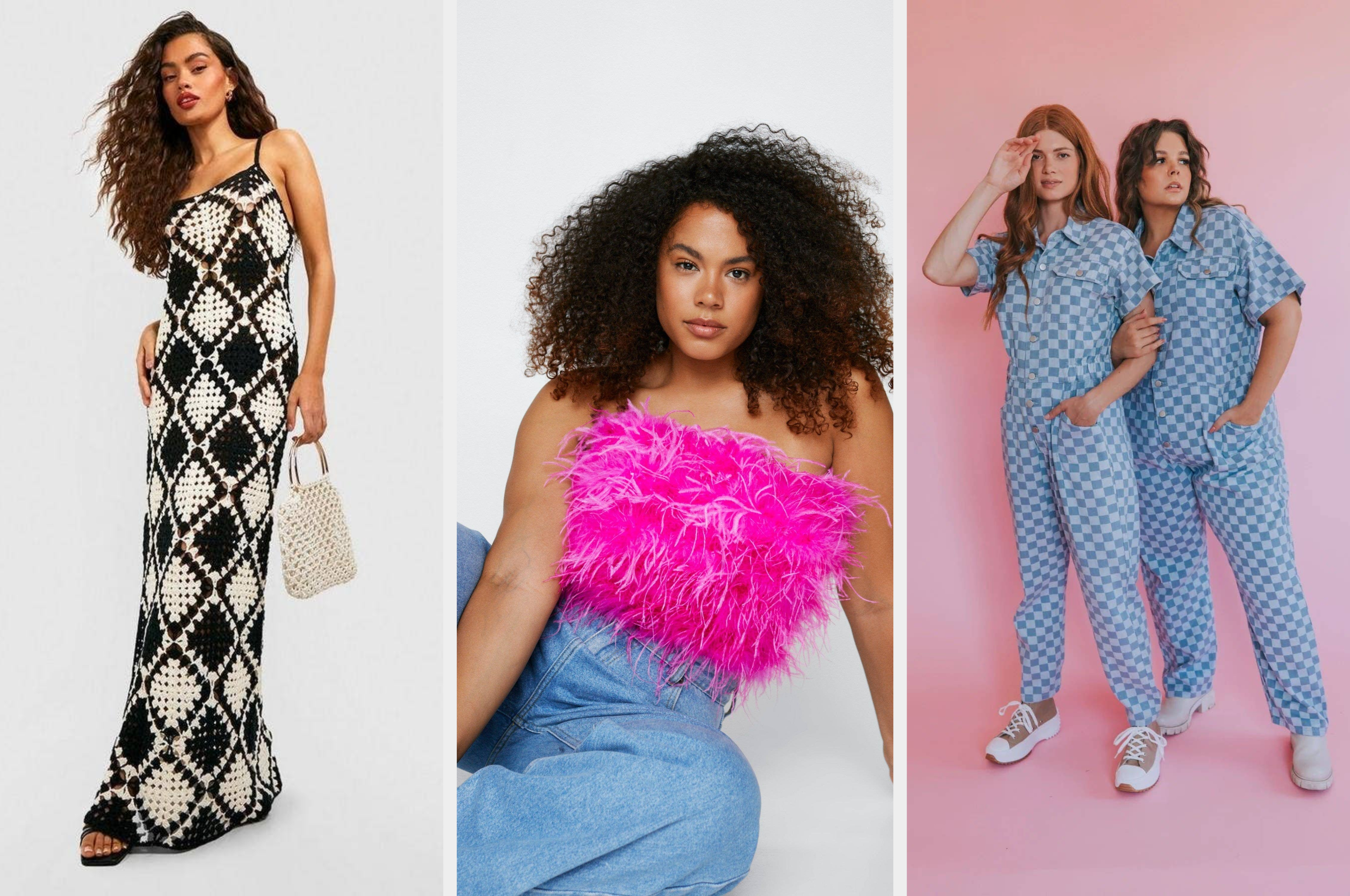 Three models showcase trendy clothing: a checkered maxi dress with a woven bag, a pink feathered top with jeans, and matching blue checkered outfits
