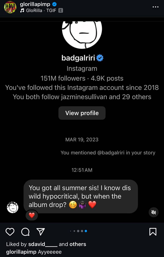 Screenshot of Instagram post by badgalriri showing 151M followers, 4.9K posts, and a comment asking when her album will drop