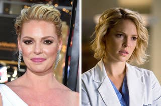 Katherine Heigl at a formal event wearing a stylish gown and diamond earrings (left) and in character as Dr. Izzie Stevens in a white doctor's coat from Grey's Anatomy (right)