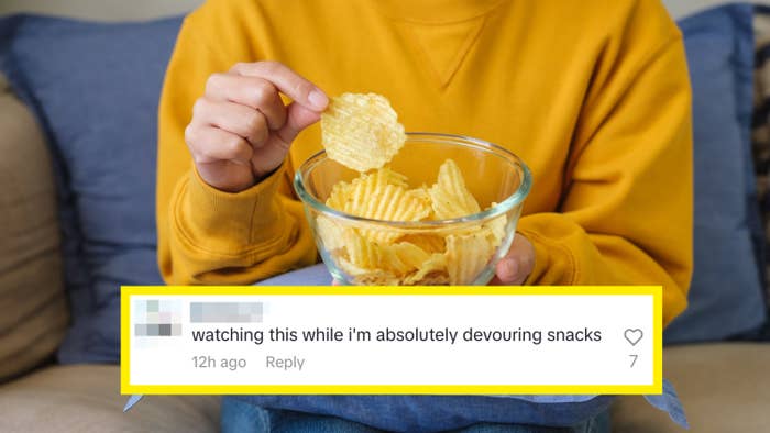 Person in a yellow top holding a bowl of chips; a comment overlay reads, &quot;watching this while I'm absolutely devouring snacks&quot;