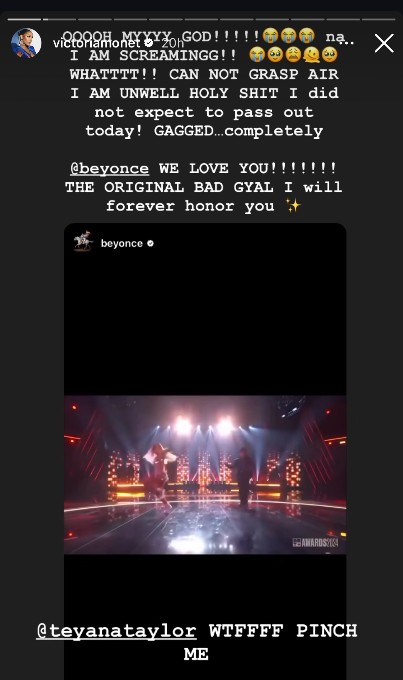 Victoria Monét is excited about a shoutout from Beyoncé. A screenshot of Beyoncé performing at the Grammy Awards 2024 is included. Teyana Taylor is mentioned