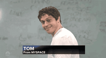 Pete Davidson as Tom from MySpace on SNL, smiling and turning towards the camera in a white shirt. Text on the screen reads "TOM From MYSPACE"