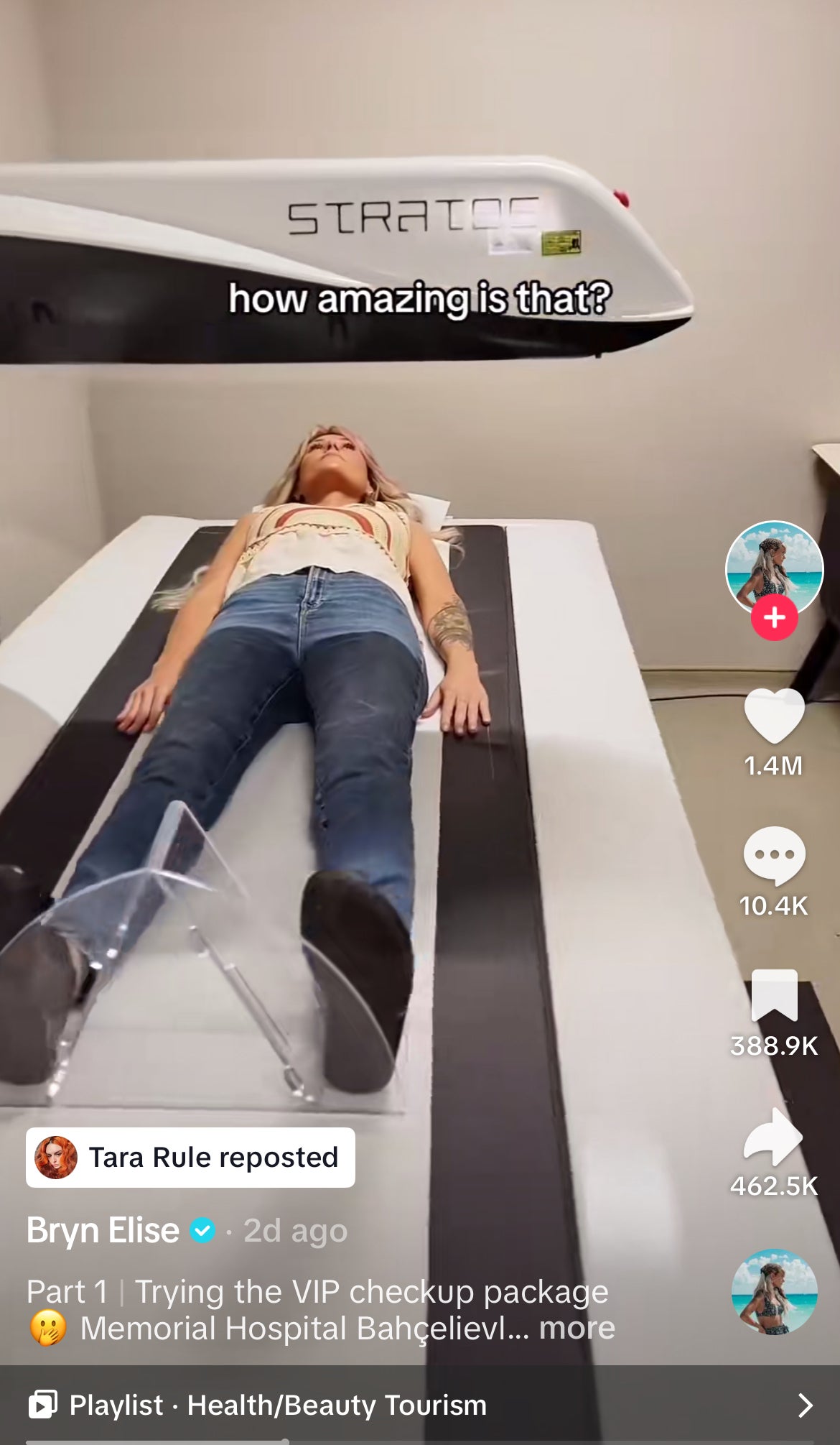 Bryn Elise is lying on a medical scanner. A screen shows comments and interactions from social media. Title reads "Trying the VIP checkup package at Memorial Hospital Bahçelievler."