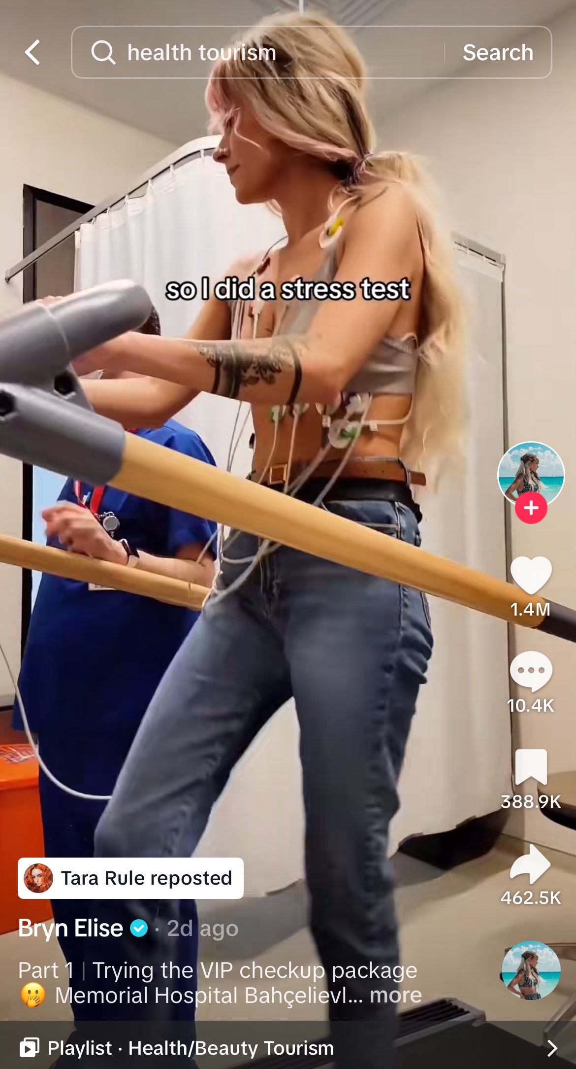 Tara Rule reposted Bryn Elise's video showing her undergoing a stress test on a treadmill at a hospital as part of a VIP checkup package