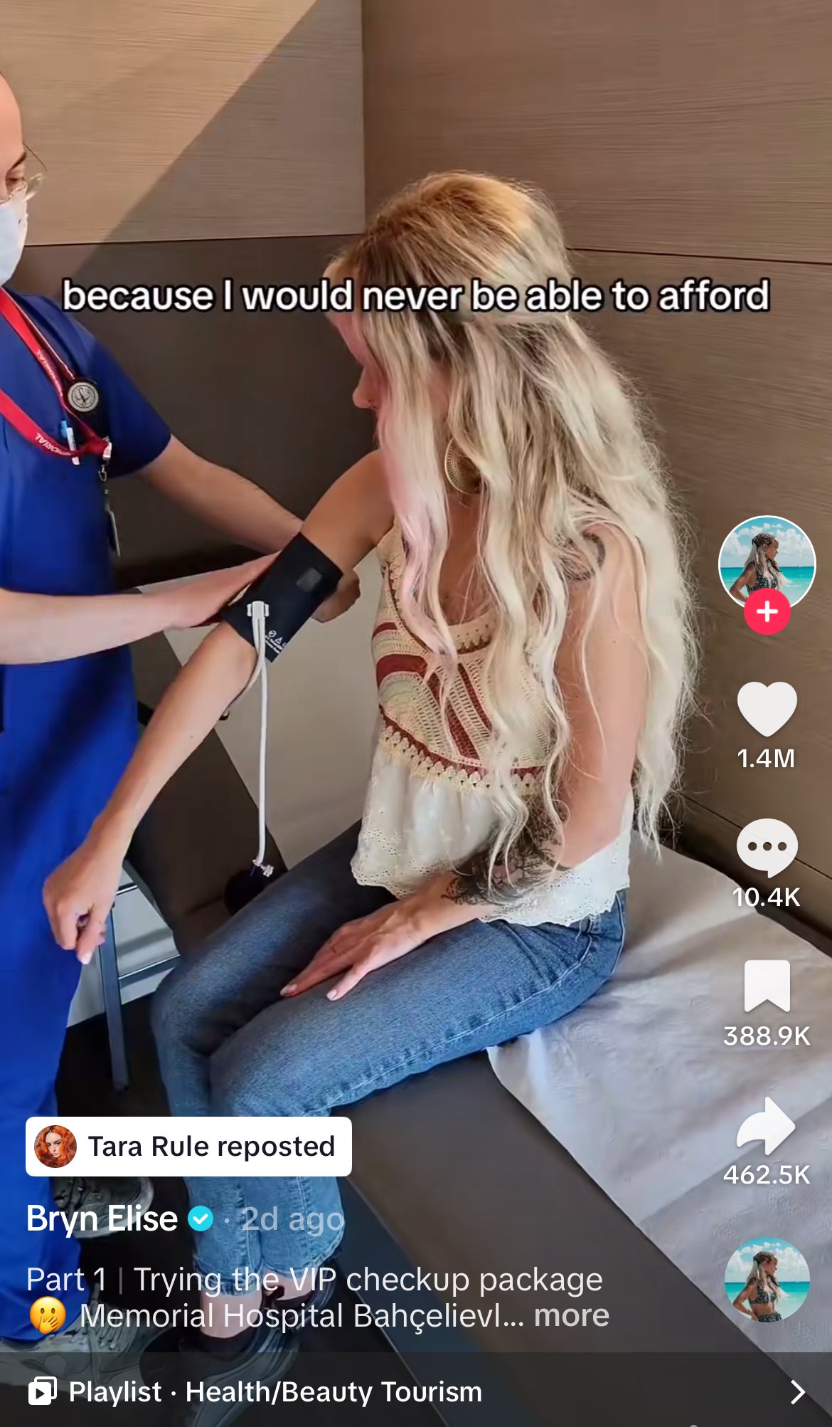 Bryn Elise receives a blood pressure check from a healthcare professional at a clinic, discussing the affordability of VIP checkup packages