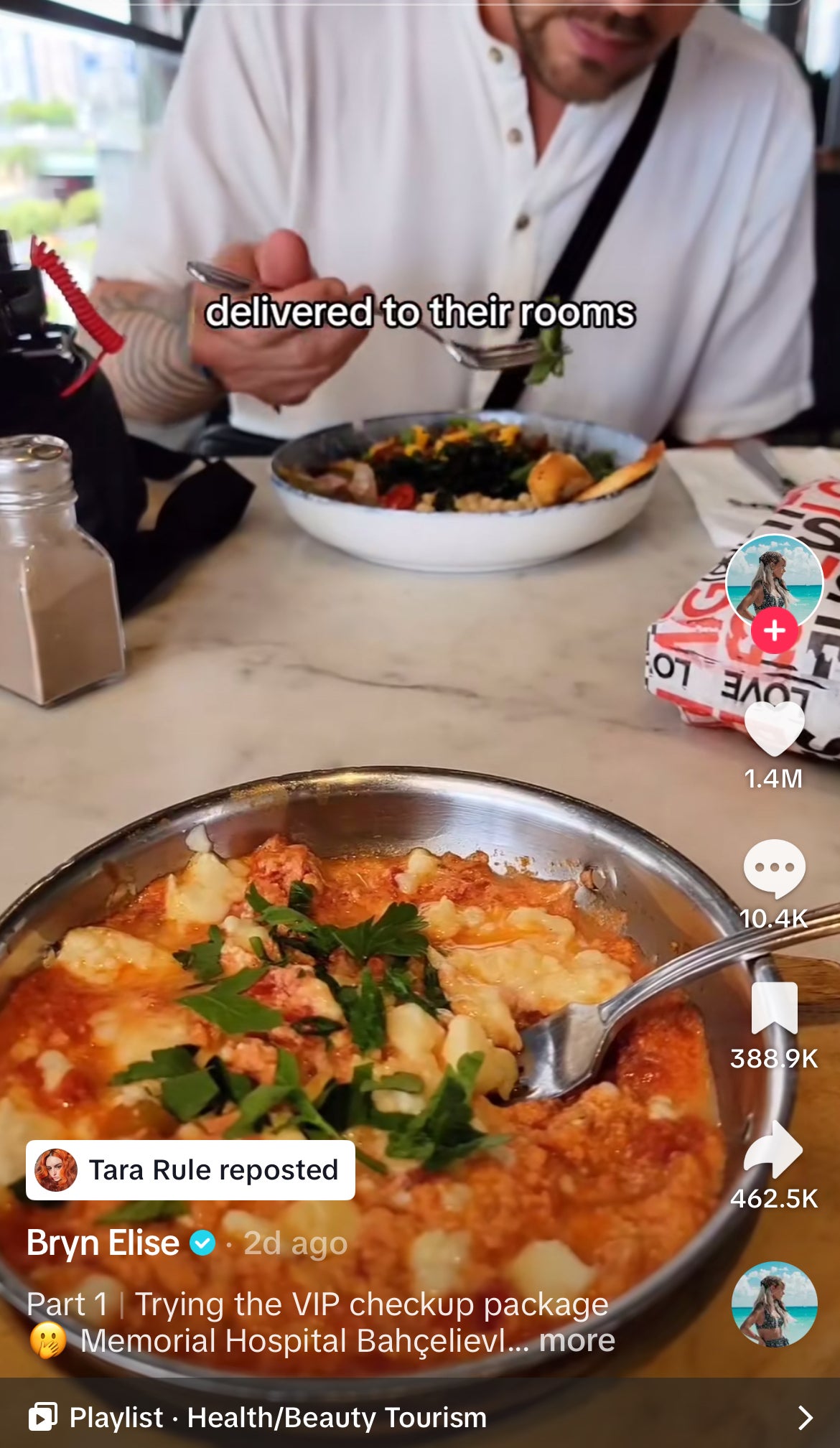 Bryn Elise and another person eating meals, with a phone showing a TikTok app displaying comments and likes. Text reads, "delivered to their rooms."