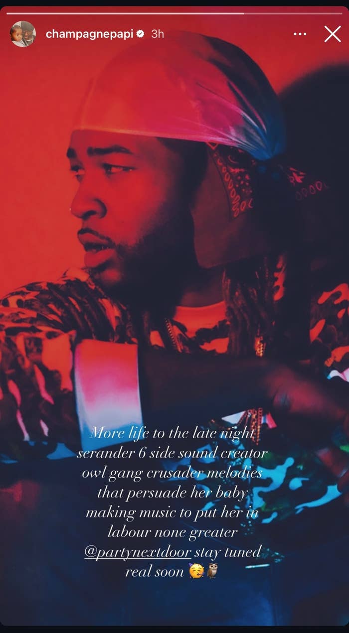 A man wearing a patterned shirt and a headscarf looks to the side. Text mentions &quot;late night serenader,&quot; &quot;PartyNextDoor,&quot; and &quot;new music coming soon.&quot;