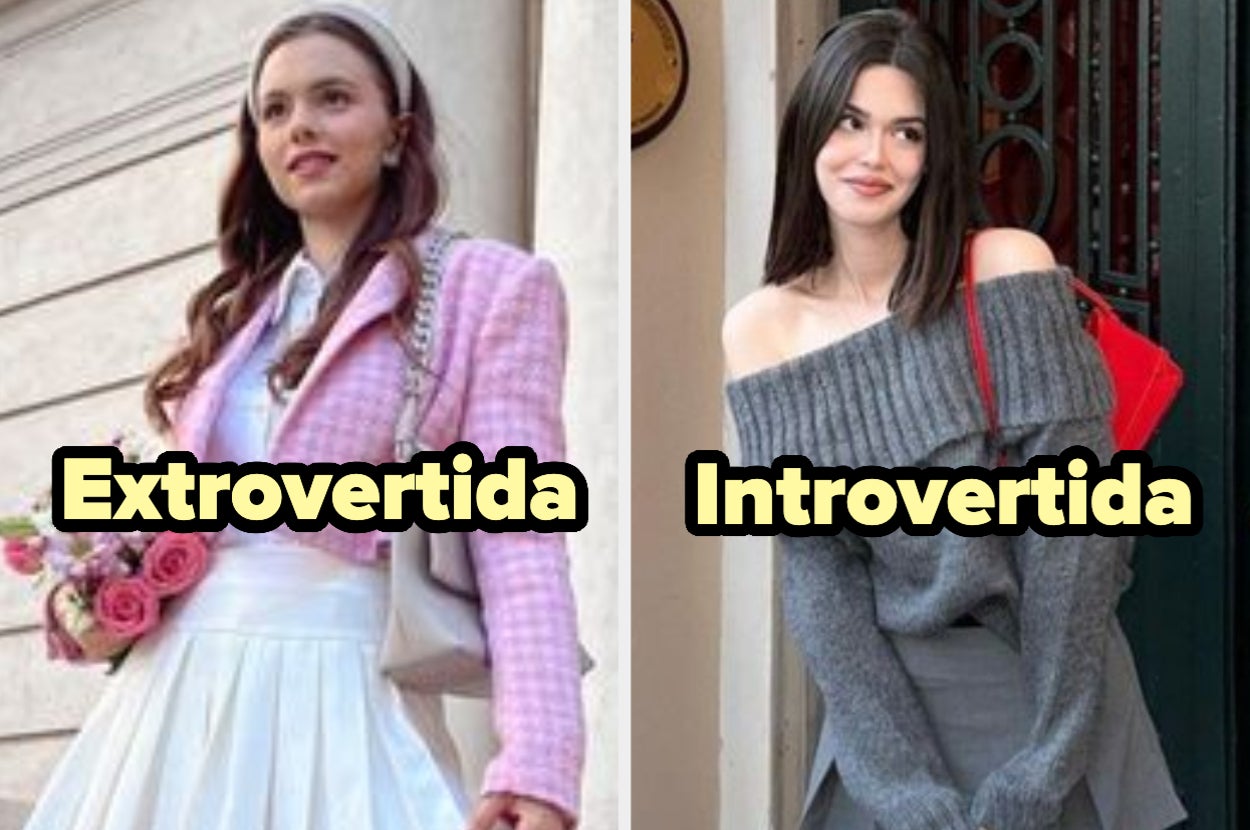 Dos mujeres. Izquierda: mujer con chaqueta y falda, sosteniendo flores, texto "Extrovertida". Derecha: mujer con suéter holgado, texto "Introvertida"