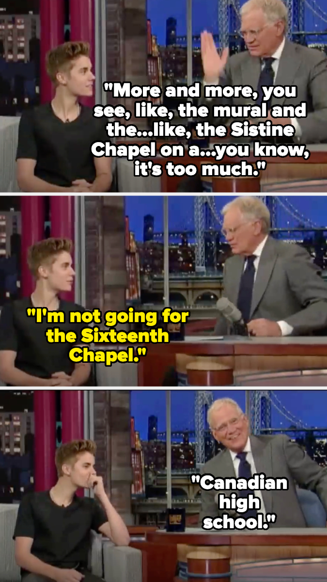 Image of Justin Bieber and David Letterman on a talk show. David is talking about murals and Justin humorously mispronounces "Sistine" as "Sixteenth."