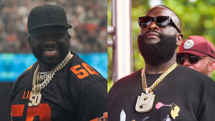 50 Cent in a sports jersey and large chain necklace smiling at an event. Rick Ross wearing sunglasses and a large chain necklace at an outdoor event