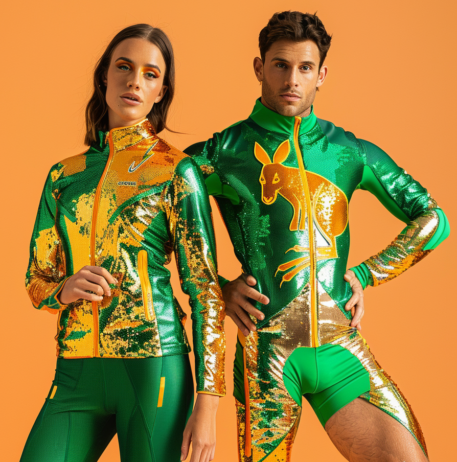 Two people in shiny athletic outfits with kangaroo images. The woman wears a jacket and leggings, the man a long-sleeve jacket and shorts