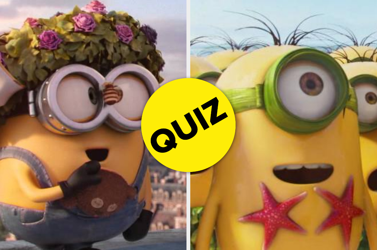 Bob and Stuart the Minions from Despicable Me on either side of a yellow circle with the word "QUIZ." Bob wears a flower crown, and Stuart has starfish on his chest