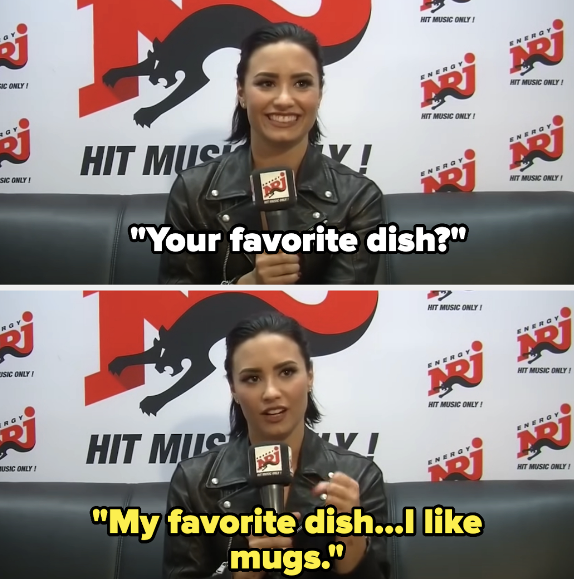 Two-panel image of Demi Lovato in a leather jacket being interviewed by NRJ radio. First panel: "Your favorite dish?" Second panel: "My favorite dish… I like mugs."