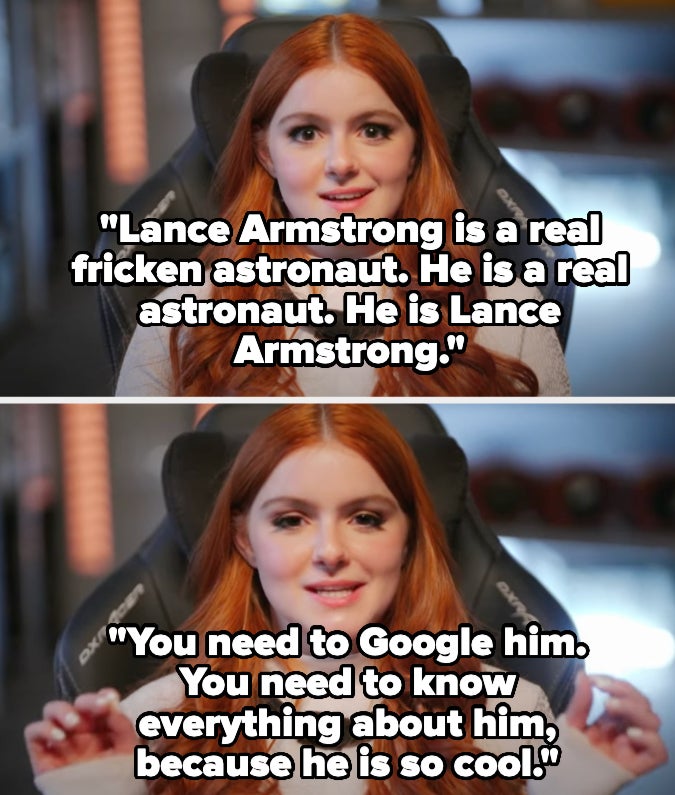 A woman with long red hair speaking in a video. Top text: "Lance Armstrong is a real fricken astronaut. He is a real astronaut. He is Lance Armstrong." Bottom text: "You need to Google him. You need to know everything about him, because he is so cool."