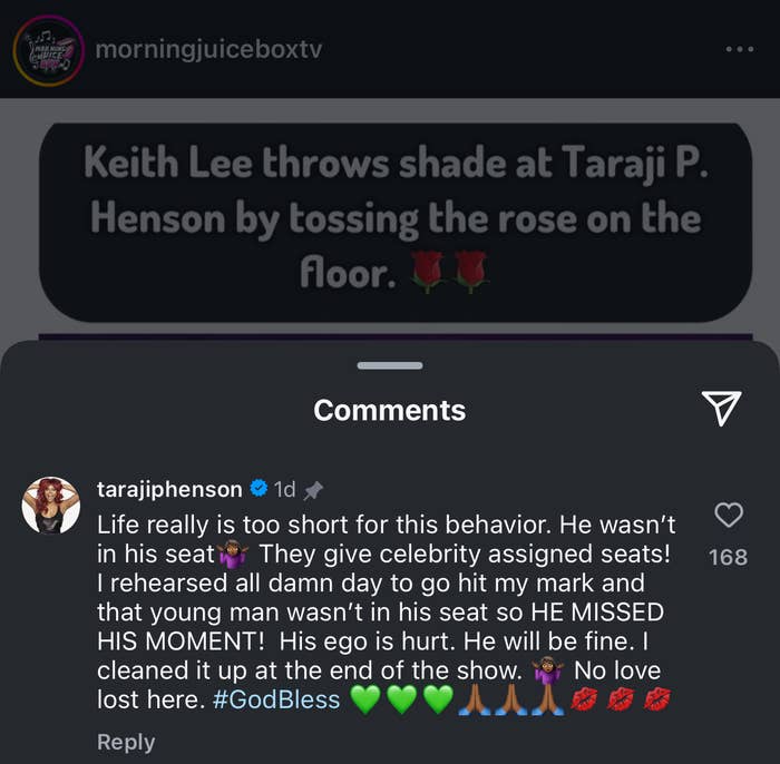 Social media post. Headline reads: &quot;Keith Lee throws shade at Taraji P. Henson by tossing the rose on the floor.&quot; Taraji P. Henson&#x27;s comment responds to this