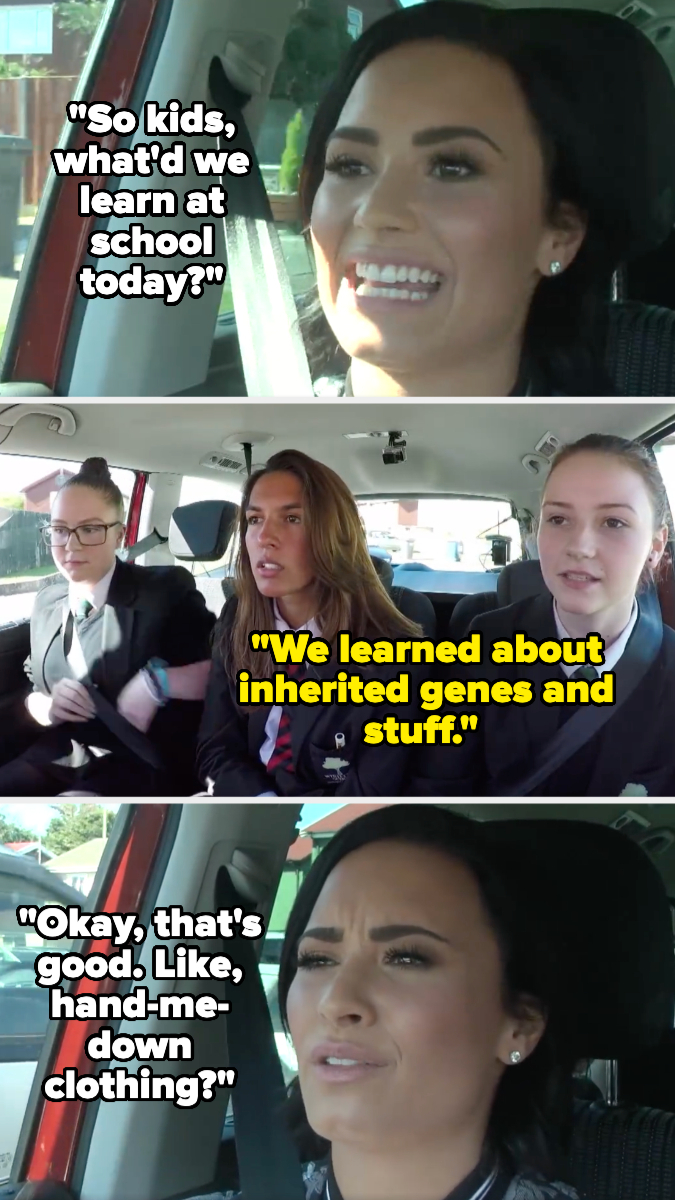 Demi Lovato sits in a car with two school kids. They discuss learning about inherited genes, with Demi humorously asking if it's like hand-me-down clothing