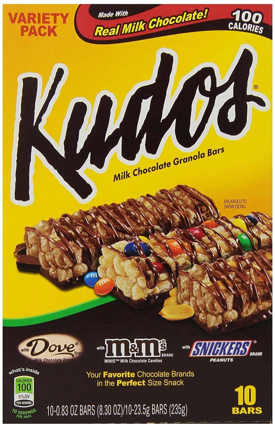 Kudos variety pack of milk chocolate granola bars with Dove, M&M's, and Snickers. 100 calories per bar. Includes 10 bars (total net weight 8.3 oz)