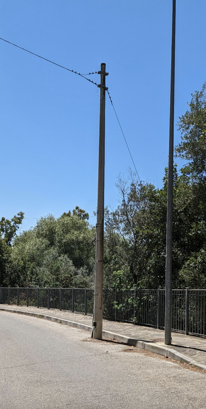 Utility pole on a street with trees and a metal fence in the background