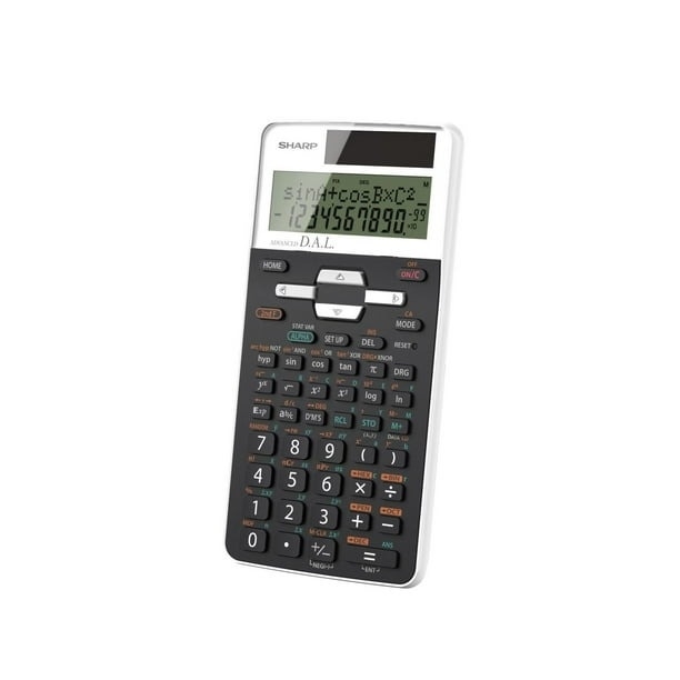 Scientific calculator with numeric and function keys, displaying mathematical functions on the screen. Brand: Sharp. Model shown is Sharp EL-W516XBSL
