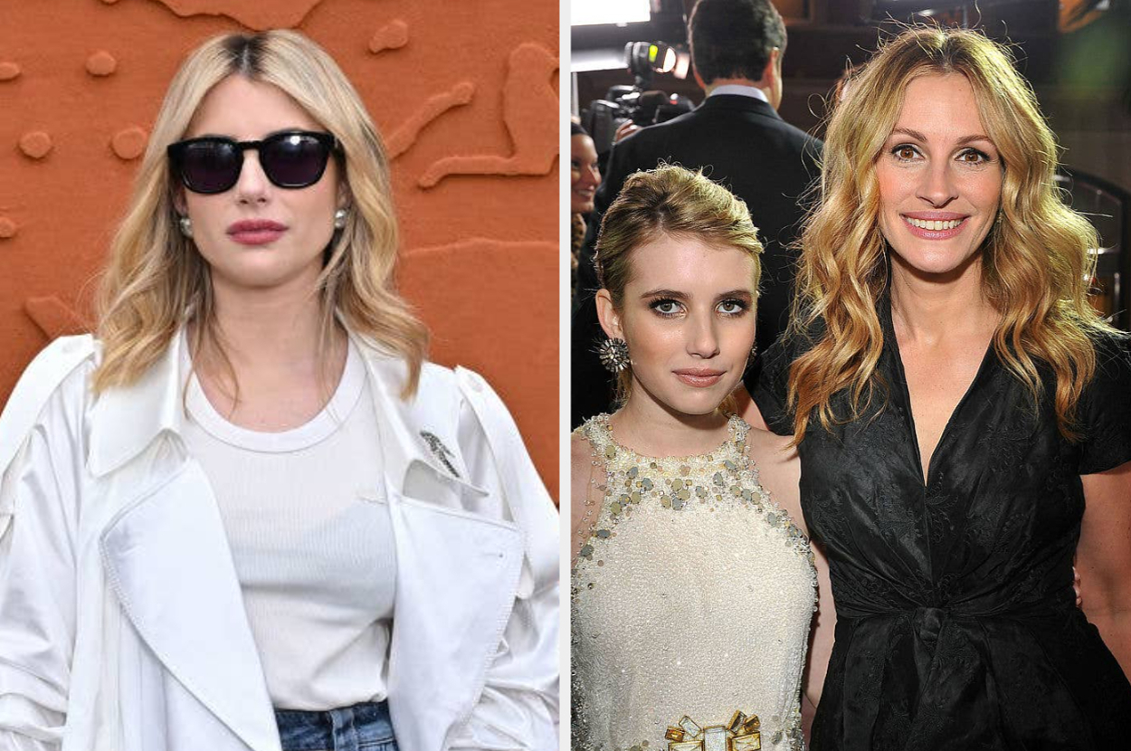 Emma Roberts wearing a white top and sunglasses. Emma Roberts in a white dress and Julia Roberts in a black dress posing together at an event