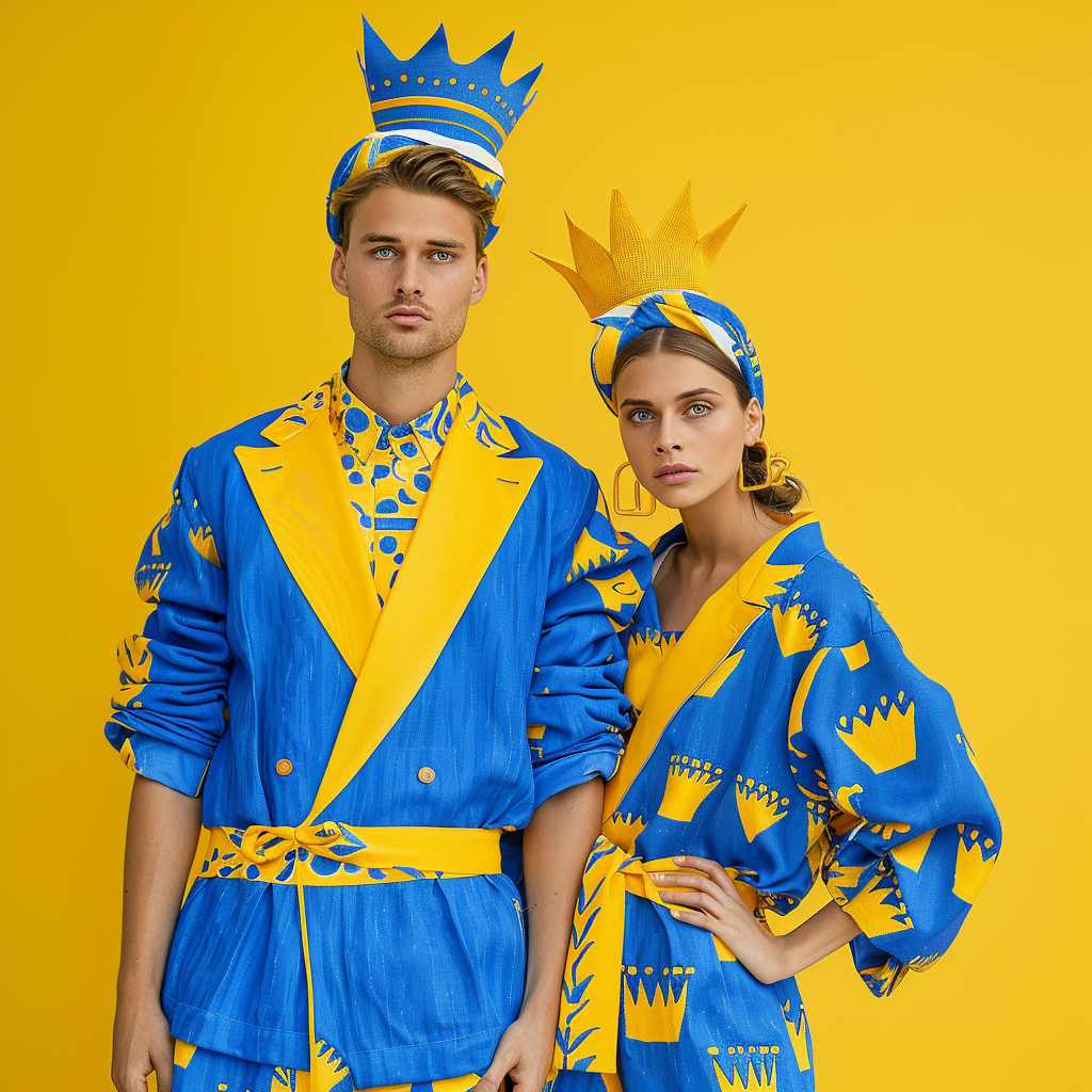 Two models wearing matching blue and yellow outfits with crown-themed patterns and paper crowns. The article is categorized as Internet Finds