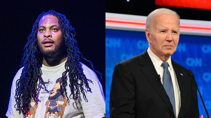 Waka Flocka Flame in a graphic tee and Joe Biden in a suit stand separately on stage
