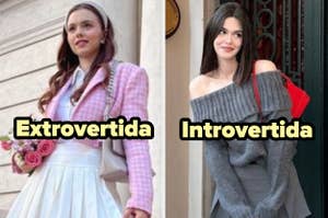 Dos mujeres. Izquierda: mujer con chaqueta y falda, sosteniendo flores, texto "Extrovertida". Derecha: mujer con suéter holgado, texto "Introvertida"