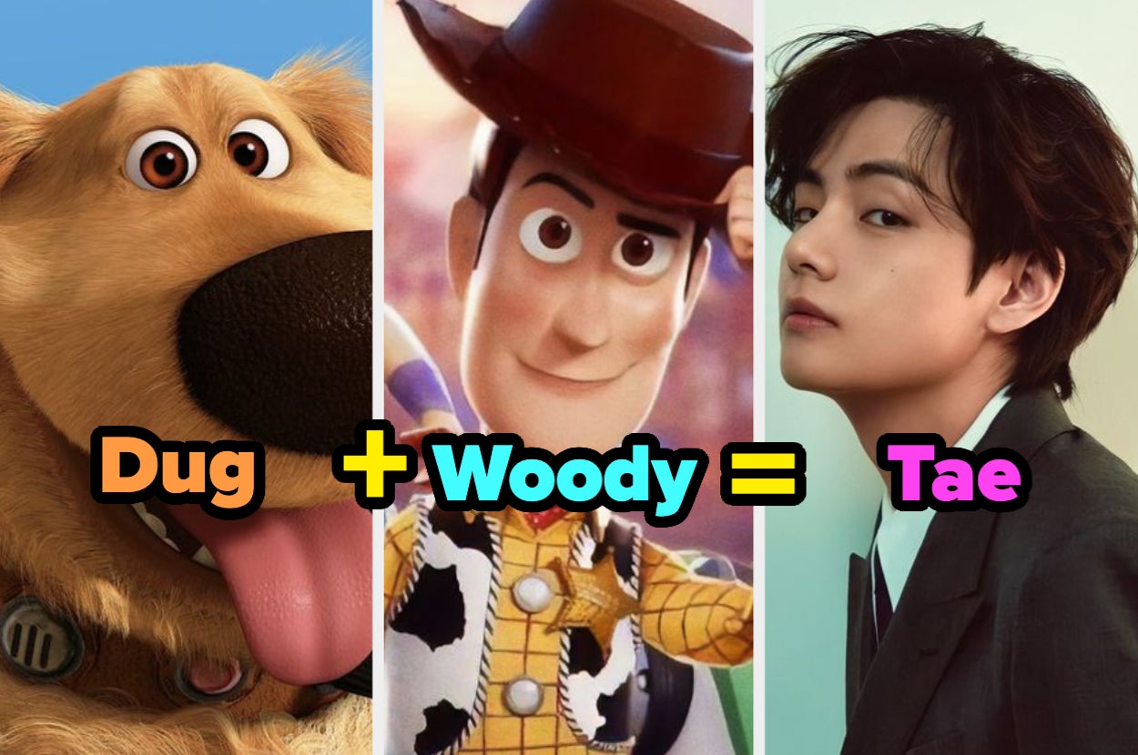 Dug al lado del personaje Woody (Toy Story) y Tae en foto profesional con texto superpuesto "Dug + Woody = Tae"