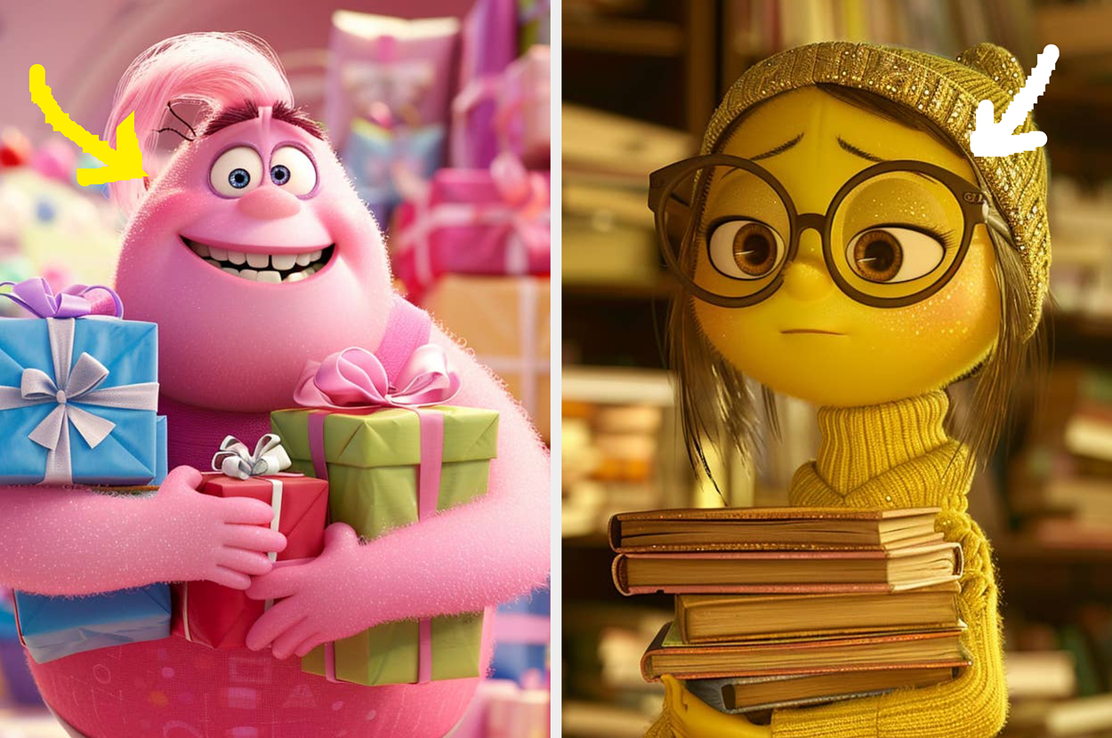 Animated characters Bing Bong (left) from Inside Out holding gifts and Sadness (right) from Inside Out wearing a beanie and glasses, holding books