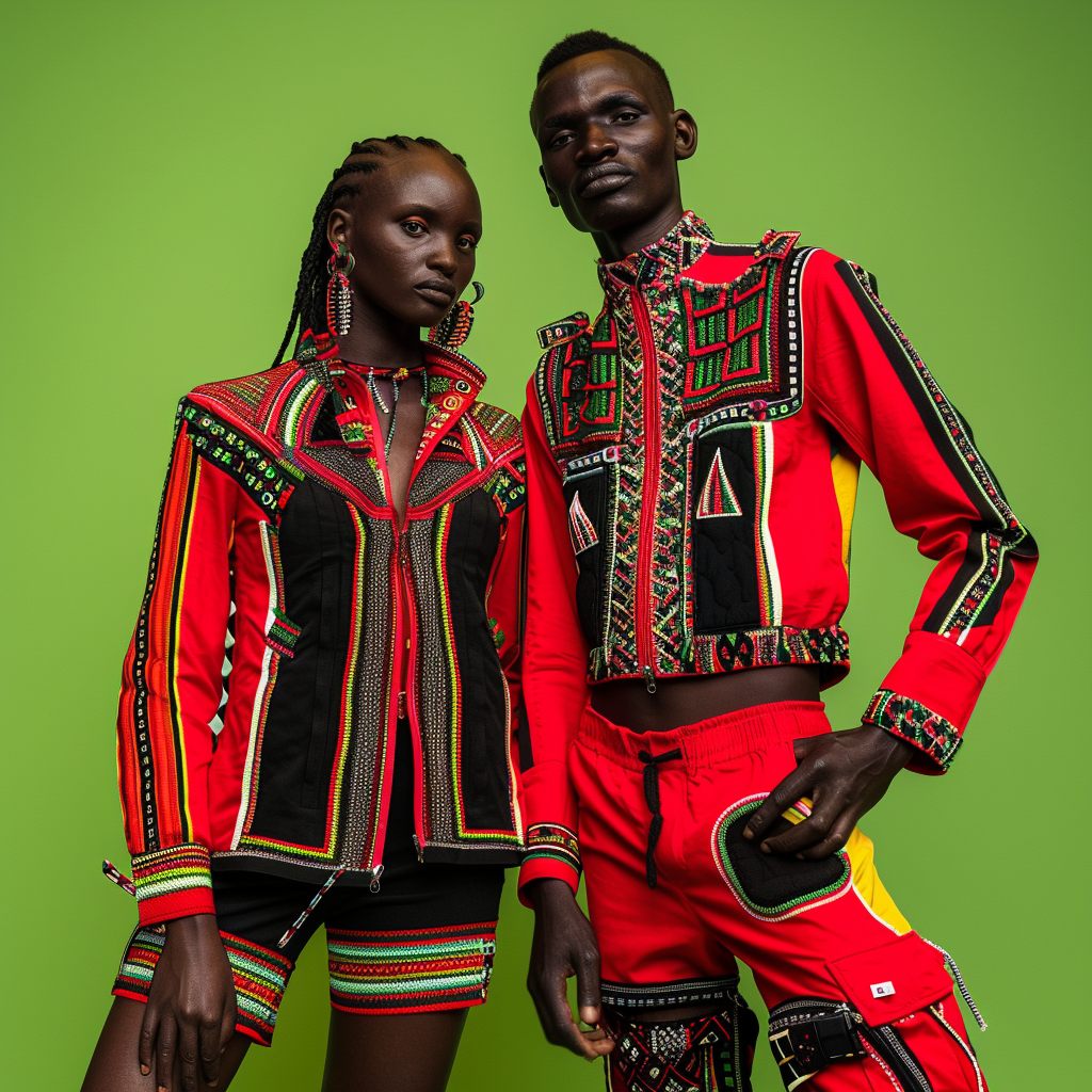 Two people in bold, geometric-patterned outfits standing against a green background. One person's suit features vibrant, symmetrical designs, while the other's ensemble emphasizes intricate patterns and textures