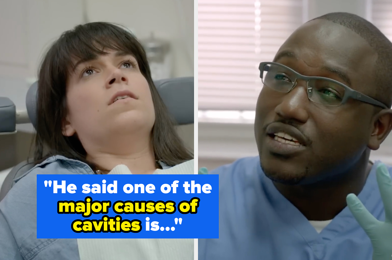 Abbi Abrams listens to a dentist during a dental examination. Caption reads, "He said one of the major causes of cavities is..."