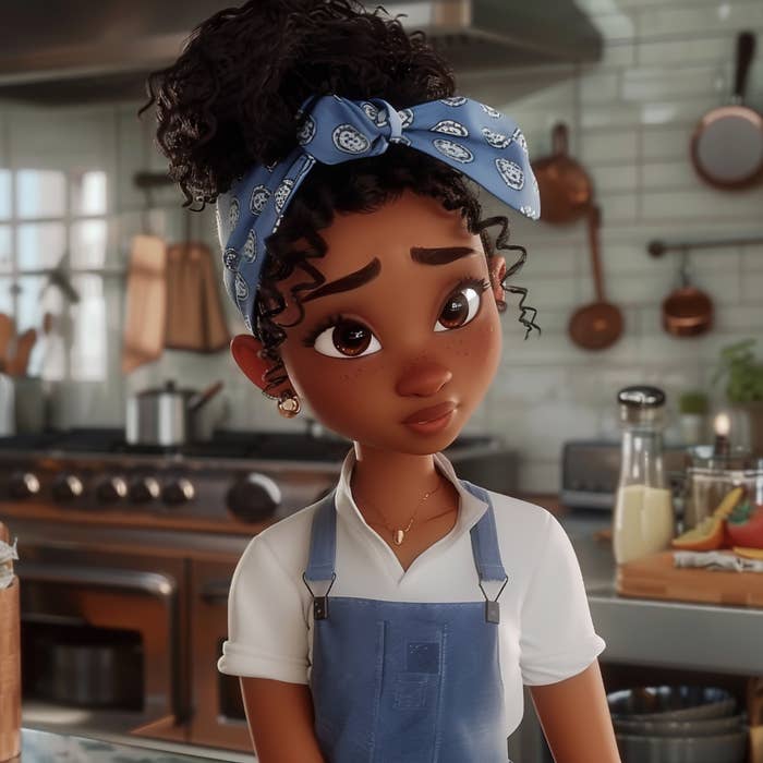 Animated character in a modern kitchen, wearing a white shirt with an apron and a headscarf, looking thoughtfully