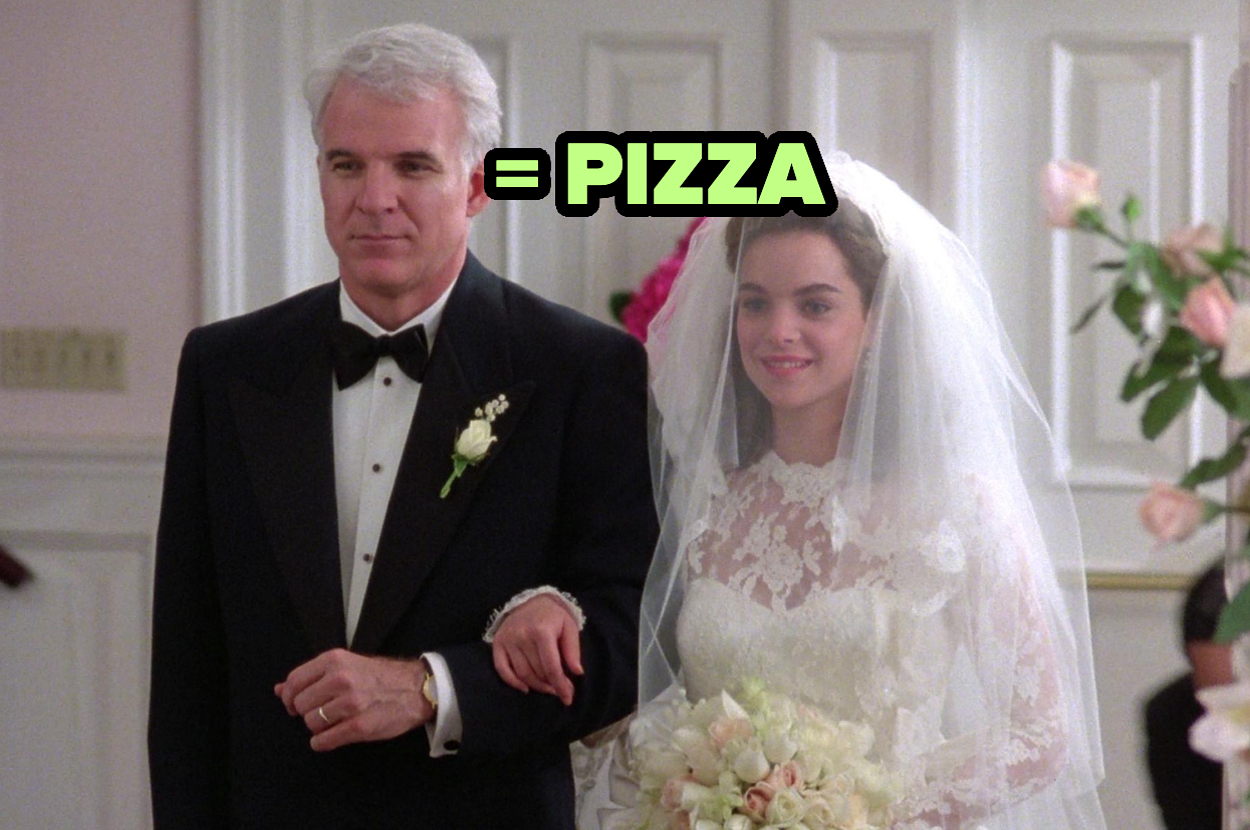 Steve Martin in a tuxedo is walking a bride, played by Kimberly Williams-Paisley, down the aisle. The word "PIZZA" is edited above their heads