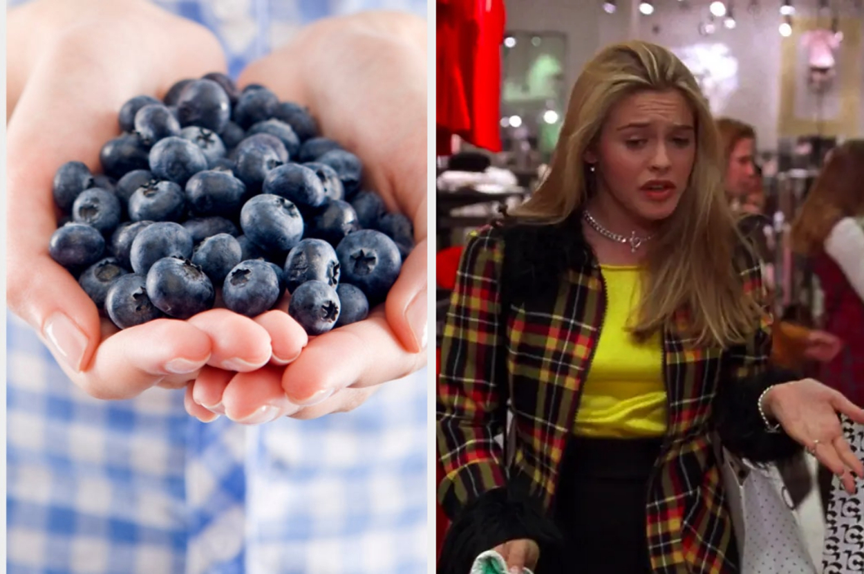 Left: Hands holding fresh blueberries. Right: Alicia Silverstone wearing a plaid blazer over a yellow top, shopping inside a store