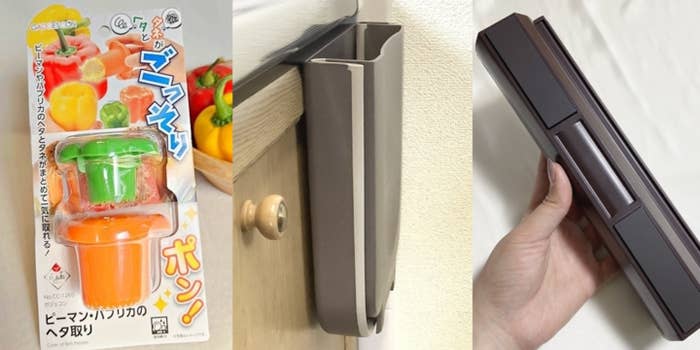 カインズでみつけたオススメ便利グッズ「ピーマン・パプリカのヘタ取り CC1260 」「扉に掛ける折りたたみくず入れ　大」「スパッと切れるラップケースミニ」
