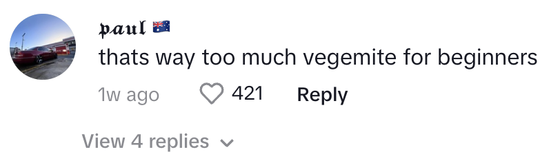 Comment by Paul: "thats way too much vegemite for beginners" with 421 likes and options to reply or view replies