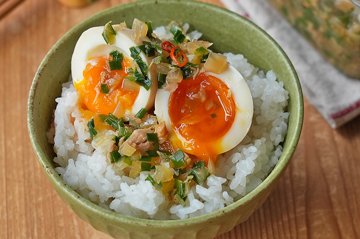 ご飯の上に刻みネギと半熟卵がのった料理。