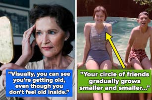 Left: Elderly woman looking in a hand mirror. Right: Young girl and boy by a pool with captions discussing aging