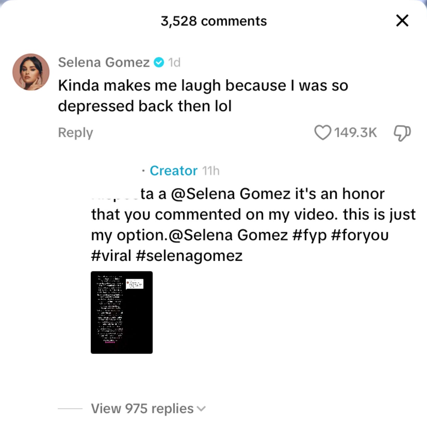 Screenshot of a TikTok comment section where Selena Gomez comments, &quot;Kinda makes me laugh because I was so depressed back then lol,&quot; gaining over 149K likes