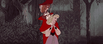 Aurora from "Sleeping Beauty" joyfully walks through a forest with bird and owl on her shoulders.